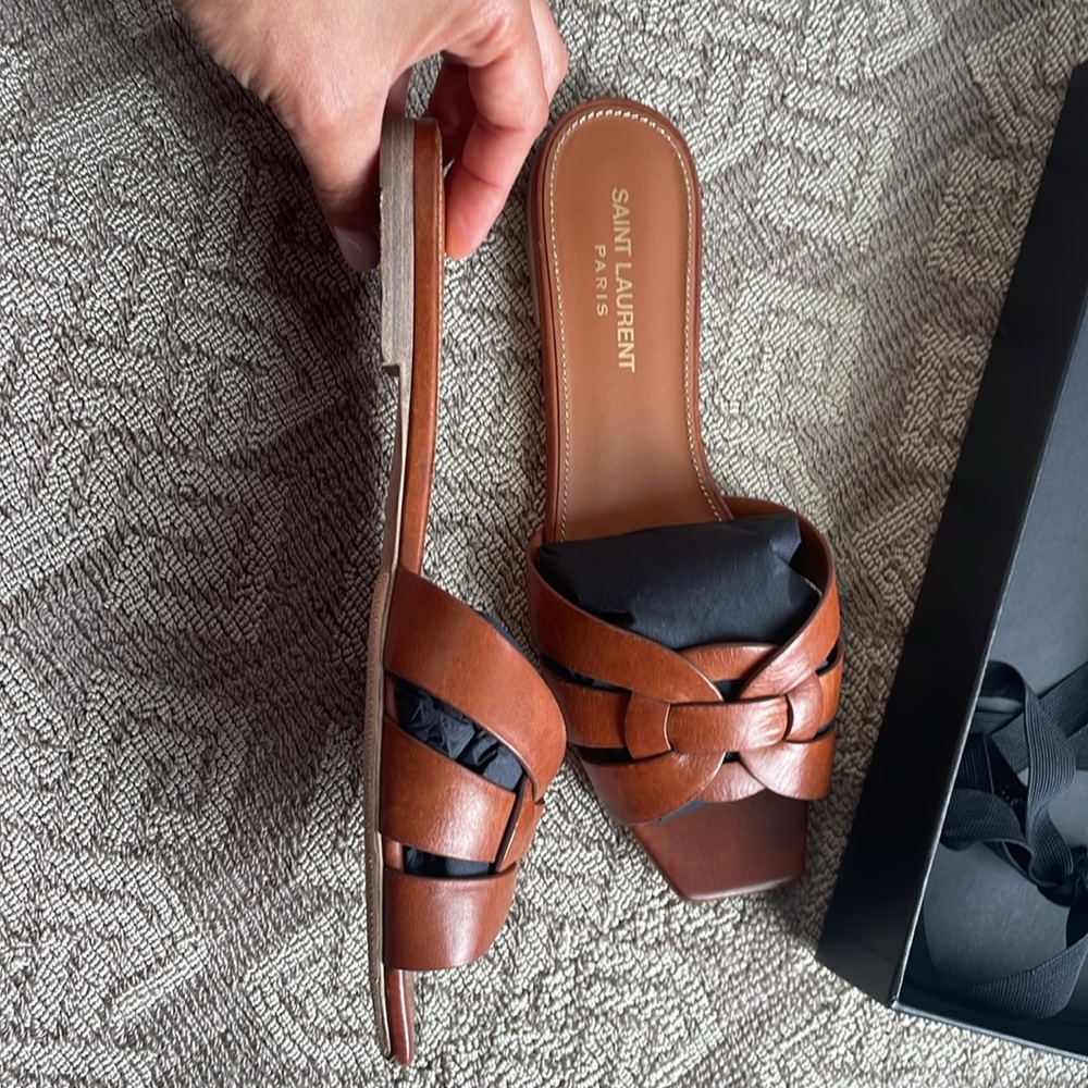 Saint Laurent Brown Leather Woven Slide Sandals - Picture 6 of 6